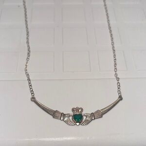 925 Sterling Silver with Heart Green Emerald Claddagh Necklace Made in Ireland